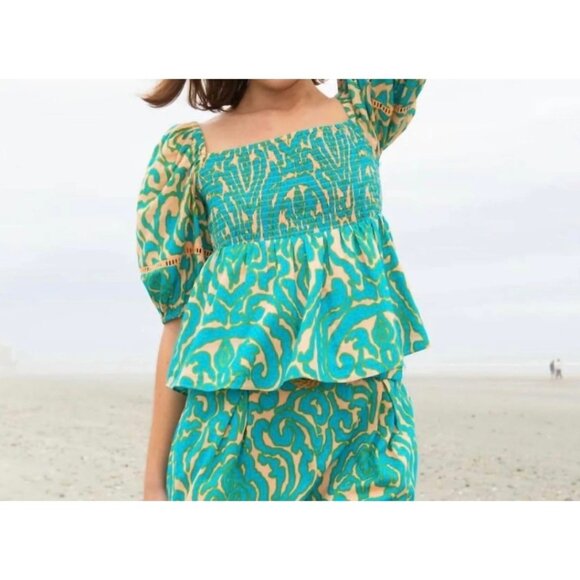 Anna Cate Ava Top Smocked Puff Sleeve Turquoise & Peach Abstract small (GG70) - Picture 1 of 11